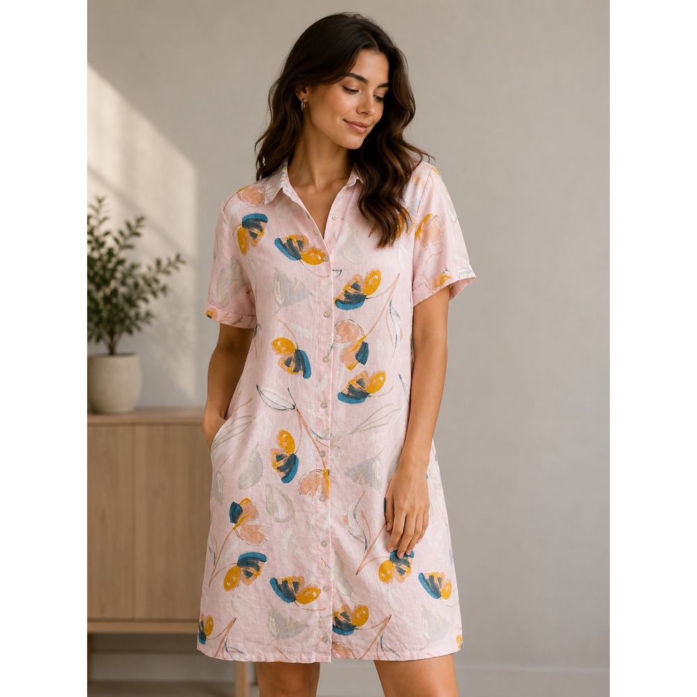 Rachel Zoe Linen Floral Shirt Dress Pink Button Front Coastal Chic Art Teacher M - Picture 1 of 10